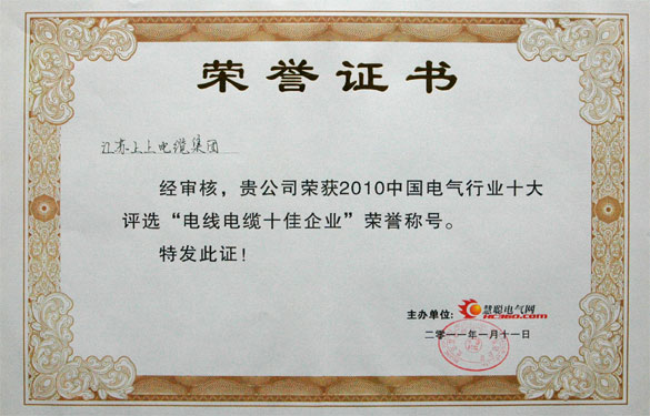 澳门免费原料被评为“2010中国电线电缆十佳企业”